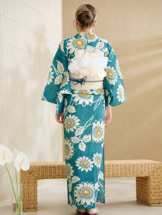 画像14: 【即日発送！】アクア地×向日葵のハイカラ浴衣 【浴衣3点セット 浴衣/帯/下駄】 [YMT] (14)