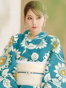 画像15: 【即日発送！】アクア地×向日葵のハイカラ浴衣 【浴衣3点セット 浴衣/帯/下駄】 [YMT] (15)