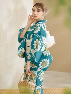 画像2: 【即日発送！】アクア地×向日葵のハイカラ浴衣 【浴衣3点セット 浴衣/帯/下駄】 [YMT] (2)