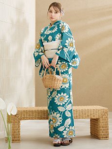画像3: 【即日発送！】アクア地×向日葵のハイカラ浴衣 【浴衣3点セット 浴衣/帯/下駄】 [YMT] (3)