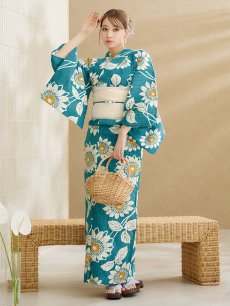 画像4: 【即日発送！】アクア地×向日葵のハイカラ浴衣 【浴衣3点セット 浴衣/帯/下駄】 [YMT] (4)