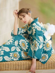 画像5: 【即日発送！】アクア地×向日葵のハイカラ浴衣 【浴衣3点セット 浴衣/帯/下駄】 [YMT] (5)