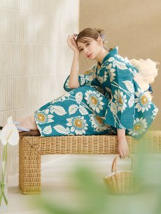 画像6: 【即日発送！】アクア地×向日葵のハイカラ浴衣 【浴衣3点セット 浴衣/帯/下駄】 [YMT] (6)