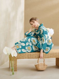 画像9: 【即日発送！】アクア地×向日葵のハイカラ浴衣 【浴衣3点セット 浴衣/帯/下駄】 [YMT] (9)