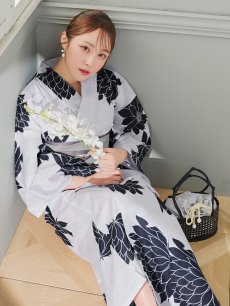 画像1: 【即日発送】モノトーンダリア柄浴衣 【浴衣3点セット 浴衣/帯/下駄】 [YMT] (1)