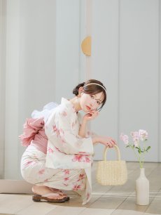 画像14: 【即日発送】淡色桜花柄浴衣【浴衣３点セット 浴衣/帯/下駄】[YMT] (14)