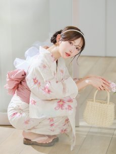 画像7: 【即日発送】淡色桜花柄浴衣【浴衣３点セット 浴衣/帯/下駄】[YMT] (7)