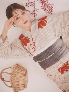 画像1: 【即日発送】ストライプ花柄浴衣 【浴衣3点セット 浴衣/帯/下駄】 [YMT] (1)