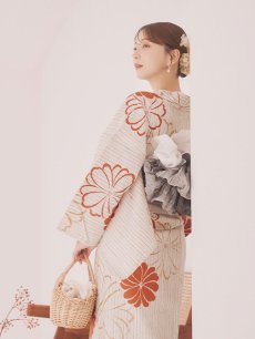 画像12: 【即日発送】ストライプ花柄浴衣 【浴衣3点セット 浴衣/帯/下駄】 [YMT] (12)