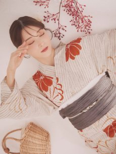 画像14: 【即日発送】ストライプ花柄浴衣 【浴衣3点セット 浴衣/帯/下駄】 [YMT] (14)