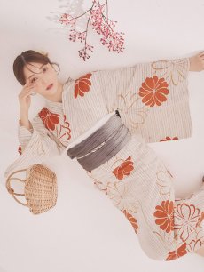 画像2: 【即日発送】ストライプ花柄浴衣 【浴衣3点セット 浴衣/帯/下駄】 [YMT] (2)