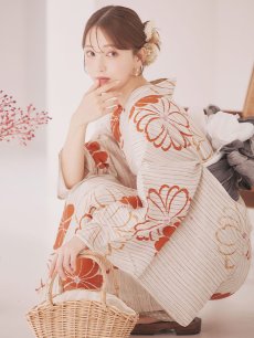 画像3: 【即日発送】ストライプ花柄浴衣 【浴衣3点セット 浴衣/帯/下駄】 [YMT] (3)