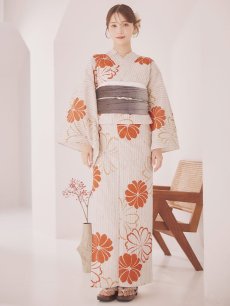 画像4: 【即日発送】ストライプ花柄浴衣 【浴衣3点セット 浴衣/帯/下駄】 [YMT] (4)