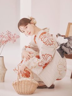 画像7: 【即日発送】ストライプ花柄浴衣 【浴衣3点セット 浴衣/帯/下駄】 [YMT] (7)