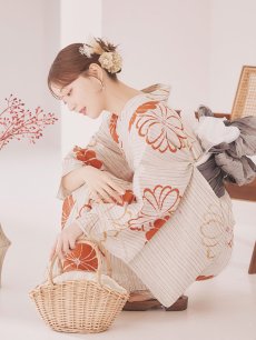 画像9: 【即日発送】ストライプ花柄浴衣 【浴衣3点セット 浴衣/帯/下駄】 [YMT] (9)