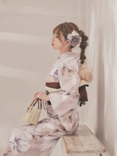 画像9: 【即日発送】【浴衣】ホワイトフラワーブラウン浴衣 【浴衣３点セット 浴衣/帯/下駄】 [FB02] (9)