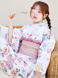 画像1: 【即日発送】【浴衣】白地×ボタニカル牡丹浴衣【浴衣３点セット 浴衣/帯/下駄】 [YMT] (1)