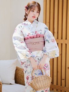 画像2: 【即日発送】【浴衣】白地×ボタニカル牡丹浴衣【浴衣３点セット 浴衣/帯/下駄】 [YMT] (2)