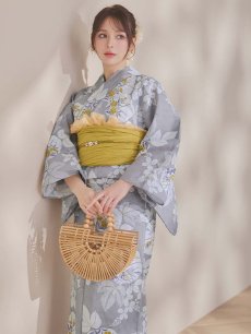 画像1: 【即日発送】グレー×フラワー浴衣 【浴衣3点セット 浴衣/帯/下駄】 [OF04] (1)