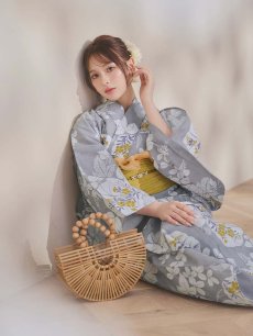 画像13: 【即日発送】グレー×フラワー浴衣 【浴衣3点セット 浴衣/帯/下駄】 [OF04] (13)