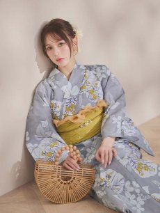 画像9: 【即日発送】グレー×フラワー浴衣 【浴衣3点セット 浴衣/帯/下駄】 [OF04] (9)