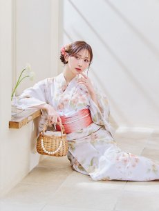 画像2: 【即日発送！】クリームイエロー×オレンジ紫陽花浴衣【浴衣３点セット 浴衣/帯/下駄】 [YMT] (2)