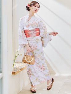 画像4: 【即日発送！】クリームイエロー×オレンジ紫陽花浴衣【浴衣３点セット 浴衣/帯/下駄】 [YMT] (4)