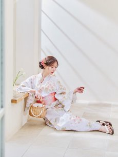 画像7: 【即日発送！】クリームイエロー×オレンジ紫陽花浴衣【浴衣３点セット 浴衣/帯/下駄】 [YMT] (7)