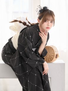 画像1: 【即日発送】アーガイルビジュー浴衣 【浴衣3点セット 浴衣/帯/下駄】  [OF04/HC03] (1)