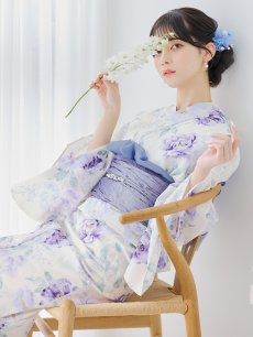 画像2: 【即日発送】水彩紫牡丹柄浴衣 【浴衣3点セット 浴衣/帯/下駄】 [YMT] (2)