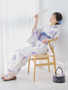 画像3: 【即日発送】水彩紫牡丹柄浴衣 【浴衣3点セット 浴衣/帯/下駄】 [YMT] (3)