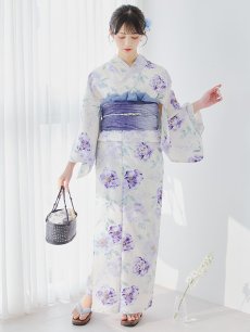 画像4: 【即日発送】水彩紫牡丹柄浴衣 【浴衣3点セット 浴衣/帯/下駄】 [YMT] (4)