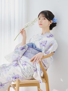 画像6: 【即日発送】水彩紫牡丹柄浴衣 【浴衣3点セット 浴衣/帯/下駄】 [YMT] (6)