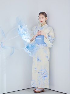 画像27: 【即日発送】グラデーションブルー牡丹和モダン浴衣 【浴衣3点セット 浴衣/帯/下駄】 [YMT] (27)