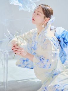 画像34: 【即日発送】グラデーションブルー牡丹和モダン浴衣 【浴衣3点セット 浴衣/帯/下駄】 [YMT] (34)