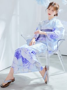画像21: 【即日発送】アンティークブルーローズ浴衣 【浴衣3点セット 浴衣/帯/下駄】 [YMT] (21)