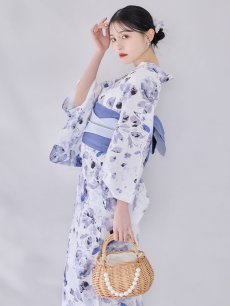 画像2: 【即日発送】水墨ニュアンスフラワー浴衣 【浴衣3点セット 浴衣/帯/下駄】  [OF04/HC03] (2)