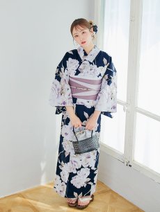 画像11: 【即日発送】濃紺牡丹柄浴衣 【浴衣3点セット 浴衣/帯/下駄】 [YMT] (11)