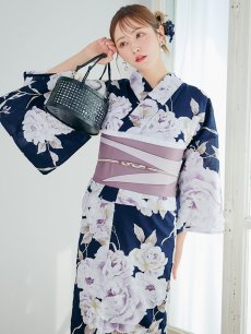 画像12: 【即日発送】濃紺牡丹柄浴衣 【浴衣3点セット 浴衣/帯/下駄】 [YMT] (12)