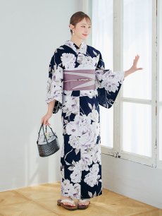 画像15: 【即日発送】濃紺牡丹柄浴衣 【浴衣3点セット 浴衣/帯/下駄】 [YMT] (15)