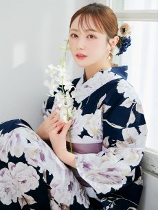 画像1: 【即日発送】濃紺牡丹柄浴衣 【浴衣3点セット 浴衣/帯/下駄】 [YMT] (1)
