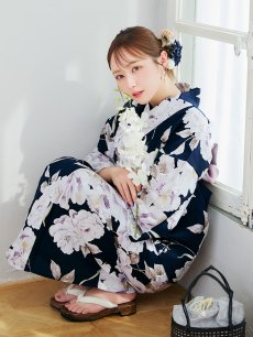 画像2: 【即日発送】濃紺牡丹柄浴衣 【浴衣3点セット 浴衣/帯/下駄】 [YMT] (2)