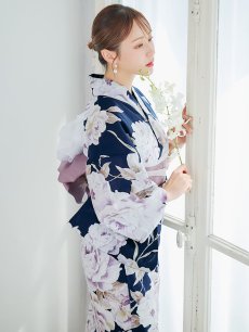 画像3: 【即日発送】濃紺牡丹柄浴衣 【浴衣3点セット 浴衣/帯/下駄】 [YMT] (3)
