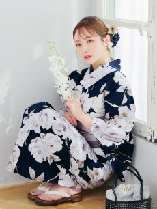 画像7: 【即日発送】濃紺牡丹柄浴衣 【浴衣3点セット 浴衣/帯/下駄】 [YMT] (7)