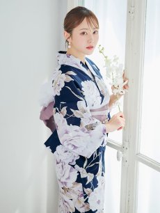 画像9: 【即日発送】濃紺牡丹柄浴衣 【浴衣3点セット 浴衣/帯/下駄】 [YMT] (9)