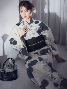 画像1: 【即日発送】梅柄藍鼠色浴衣 【浴衣3点セット 浴衣/帯/下駄】  [OF04] (1)