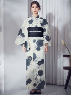 画像4: 【即日発送】梅柄藍鼠色浴衣 【浴衣3点セット 浴衣/帯/下駄】  [OF04] (4)