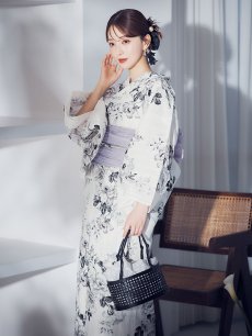 画像12: 【即日発送】モノトーンフラワー浴衣 【浴衣3点セット 浴衣/帯/下駄】 [OF04] (12)