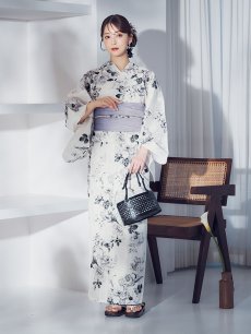 画像13: 【即日発送】モノトーンフラワー浴衣 【浴衣3点セット 浴衣/帯/下駄】 [OF04] (13)