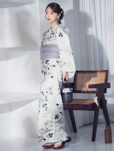 画像3: 【即日発送】モノトーンフラワー浴衣 【浴衣3点セット 浴衣/帯/下駄】 [OF04] (3)